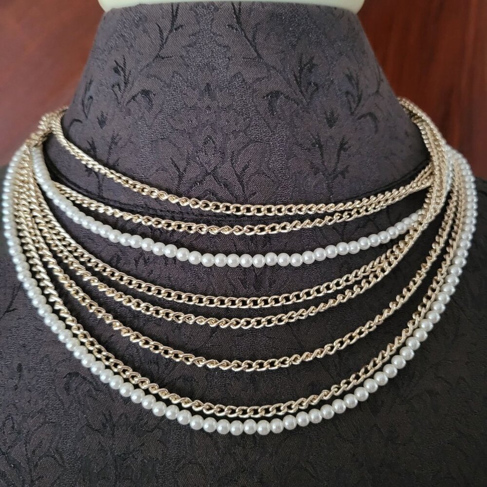 Vintage Multi-Strand Pearl & Gold Tone Chain Necklace